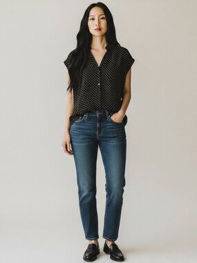 Banana Republic Silky Polka Dot Blouse Black Cap Sleeve Button Front | Size S